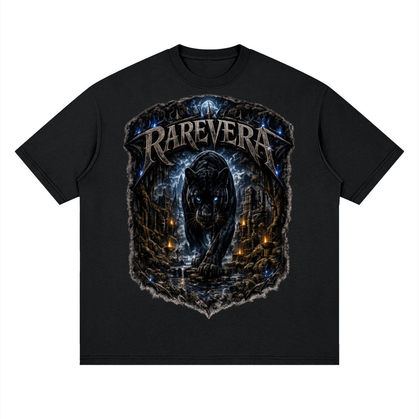 RAREVERA BLUE-EYE PANTHER Streetwear Loose Drop Shoulder T-Shirt