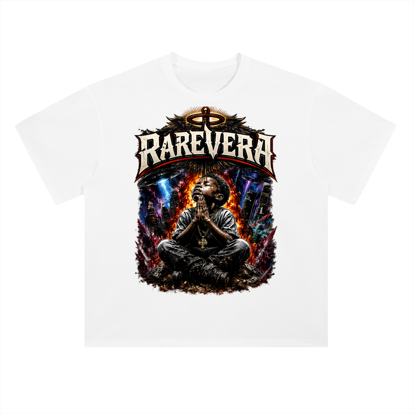 RAREVERA NO WEAPON SHALL PROSPER Heavyweight Drop Shoulder Cotton T-Shirt