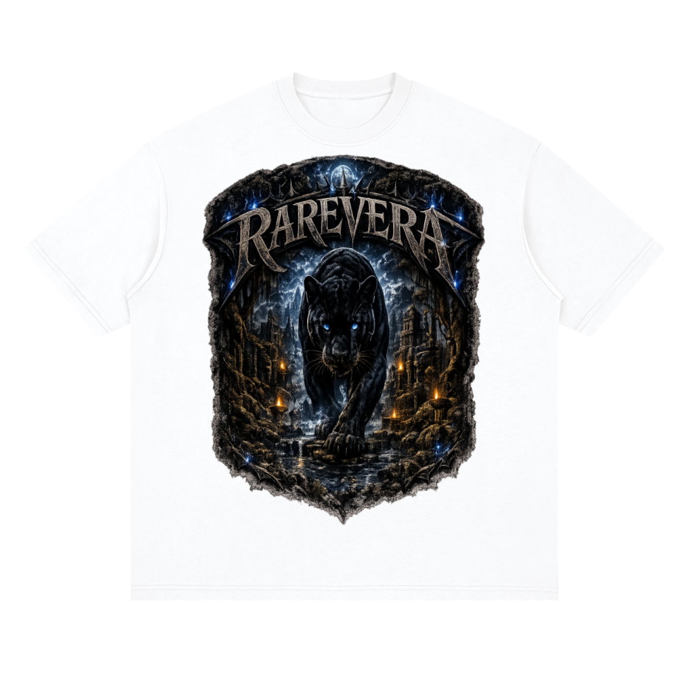 RAREVERA BLUE-EYE PANTHER Streetwear Loose Drop Shoulder T-Shirt