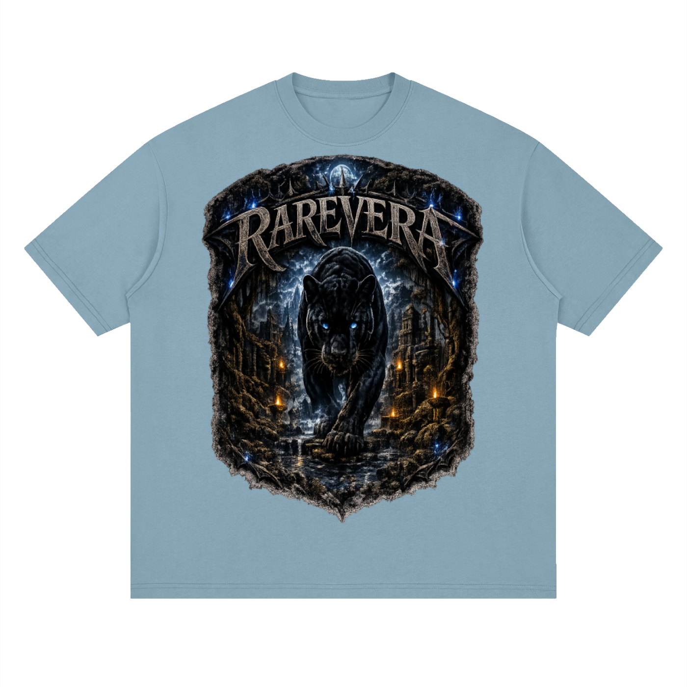 RAREVERA BLUE-EYE PANTHER Streetwear Loose Drop Shoulder T-Shirt