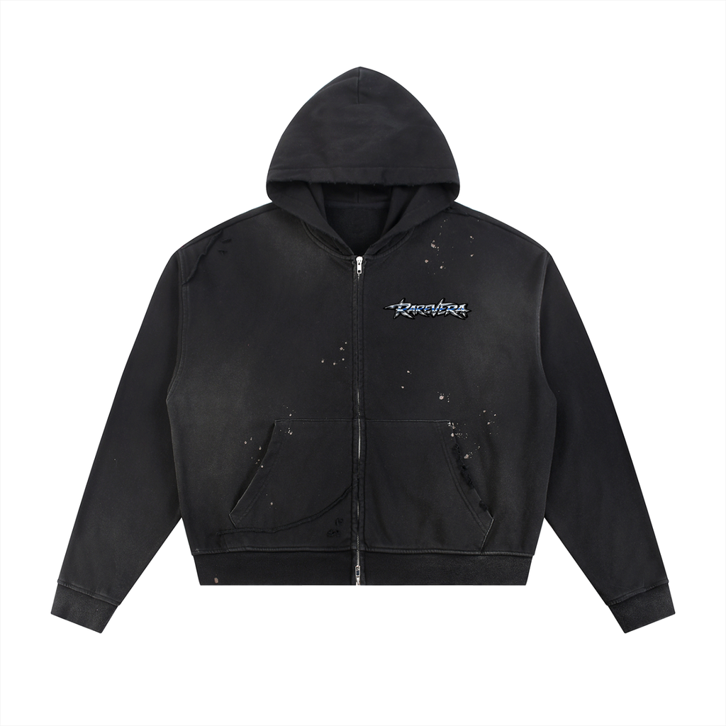 RAREVERA Sun Fade Frayed Raw Edge Fleece Zip Hoodie
