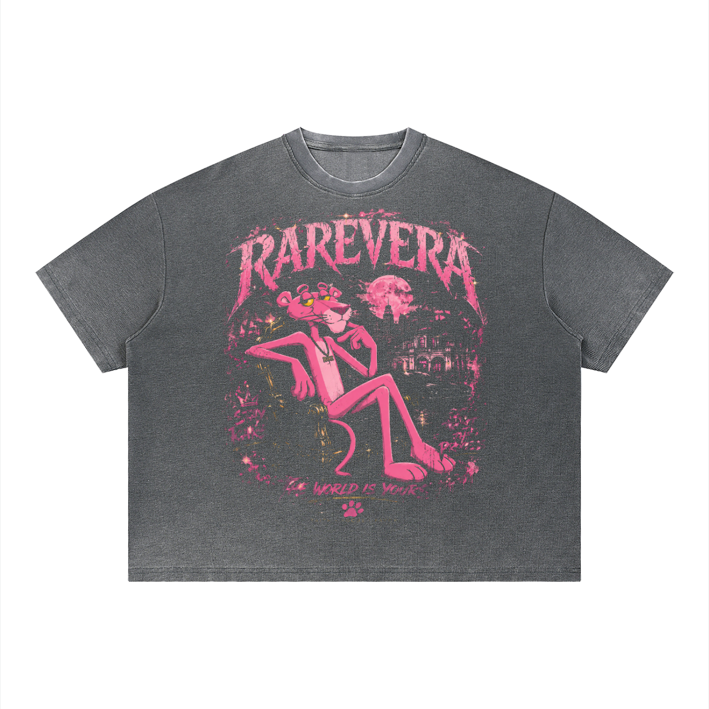 RAREVERA PINK DYNASTY Unisex Vintage Wash Sunfade Boxy Waffle T-Shirt