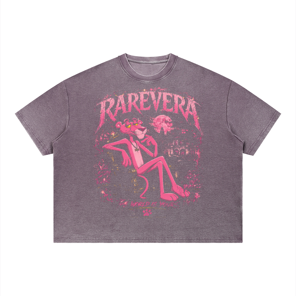 RAREVERA PINK DYNASTY Unisex Vintage Wash Sunfade Boxy Waffle T-Shirt