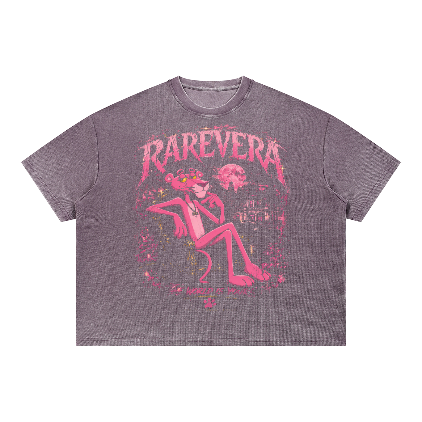 RAREVERA PINK DYNASTY Unisex Vintage Wash Sunfade Boxy Waffle T-Shirt